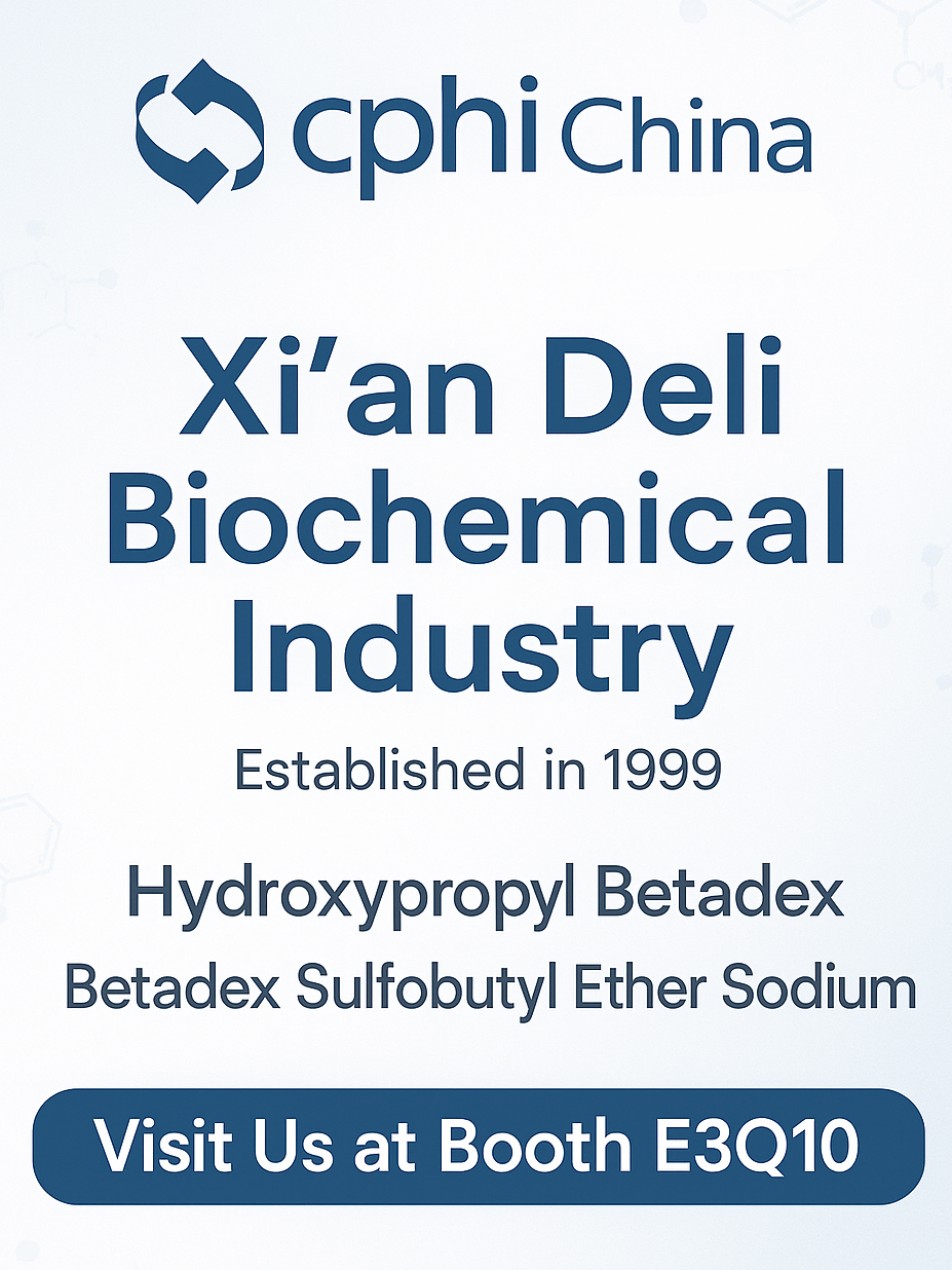 CPHI China 2025 Náhled: Hydroxypropyl beadex a sulfobututyl ether roztoky sodíku se starají v centru stánku Xi'an Deli E3Q10